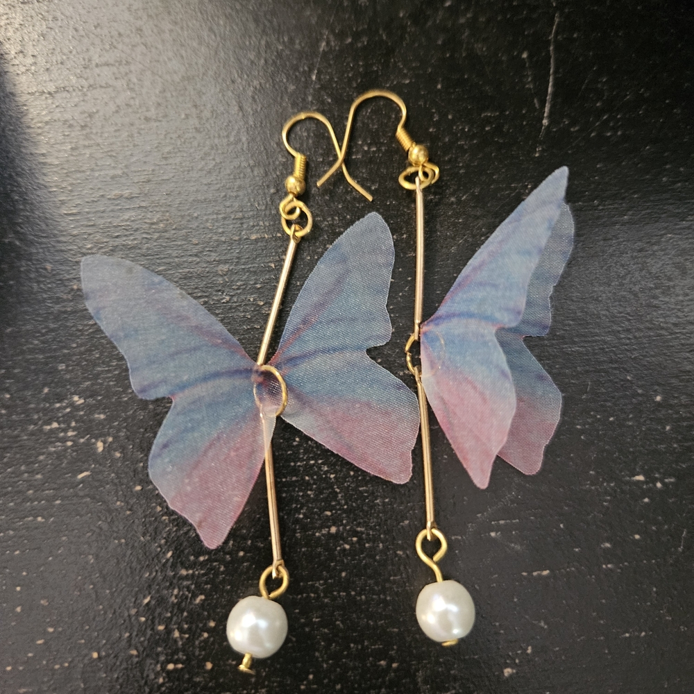 ⭐️Handmade Brand New Blue & Pink Sheer Butterfly Hanging Earrings 2.5" Long
